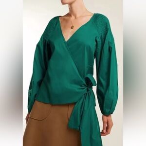 Merlette Sant Josep Green Wrap Blouse Smocked Detail Women’s Sz XS